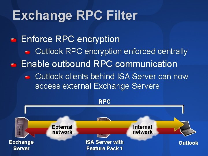 Exchange RPC Filter Enforce RPC encryption Outlook RPC encryption enforced centrally Enable outbound RPC