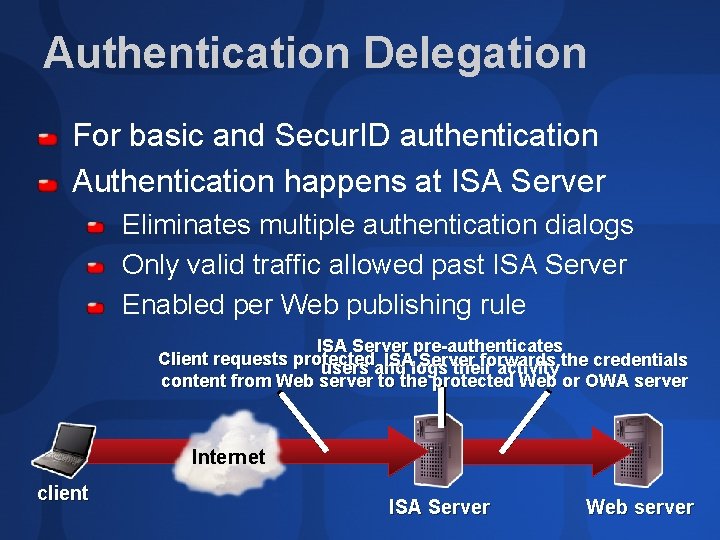 Authentication Delegation For basic and Secur. ID authentication Authentication happens at ISA Server Eliminates