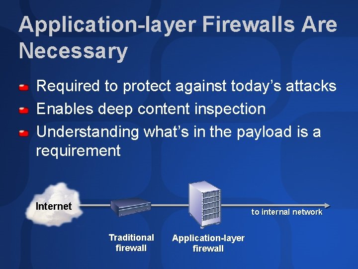 Application-layer Firewalls Are Necessary Required to protect against today’s attacks Enables deep content inspection
