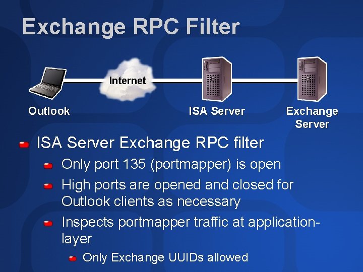 Exchange RPC Filter Internet Outlook ISA Server Exchange Server ISA Server Exchange RPC filter