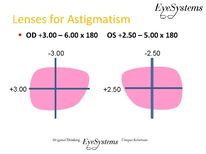 Lenses for Astigmatism § OD +3. 00 – 6. 00 x 180 OS +2.