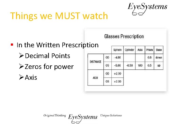 Things we MUST watch § In the Written Prescription ØDecimal Points ØZeros for power