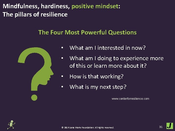 Mindfulness, hardiness, positive mindset: The pillars of resilience The Four Most Powerful Questions •