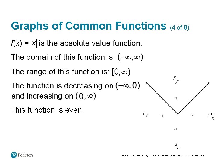 Graphs of Common Functions (4 of 8) This function is even. Copyright © 2018,