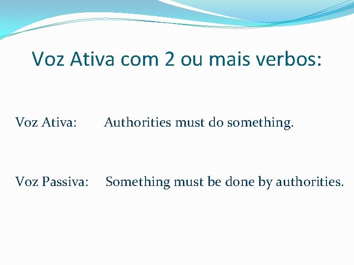 Voz Ativa com 2 ou mais verbos: Voz Ativa: Authorities must do something. Voz