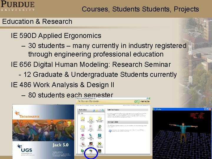 Courses, Students, Projects Education & Research IE 590 D Applied Ergonomics – 30 students Courses, Students, Projects Education & Research IE 590 D Applied Ergonomics – 30 students