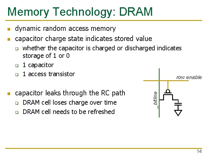 Memory Technology: DRAM n dynamic random access memory capacitor charge state indicates stored value