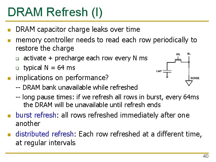 DRAM Refresh (I) n n DRAM capacitor charge leaks over time memory controller needs