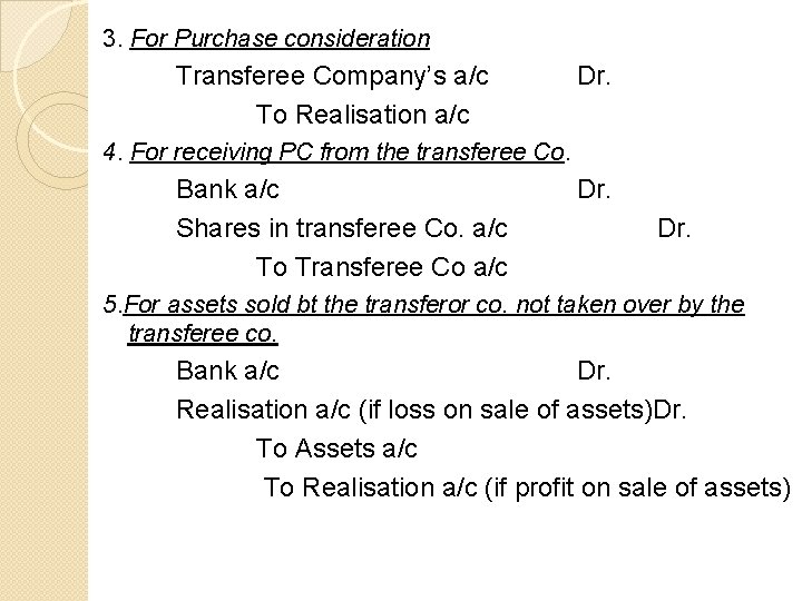 3. For Purchase consideration Transferee Company’s a/c To Realisation a/c Dr. 4. For receiving