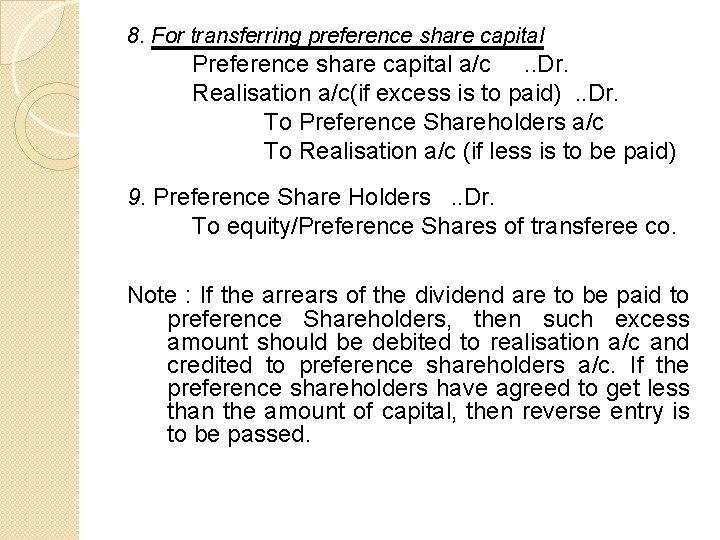 8. For transferring preference share capital Preference share capital a/c. . Dr. Realisation a/c(if