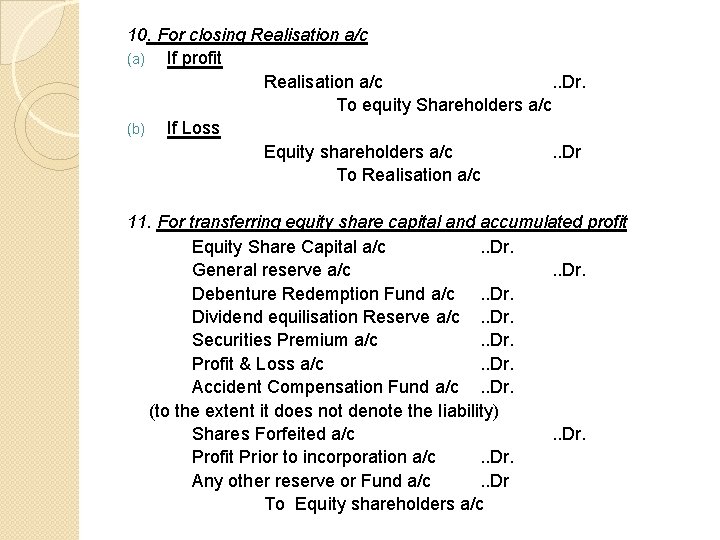 10. For closing Realisation a/c (a) If profit Realisation a/c. . Dr. To equity
