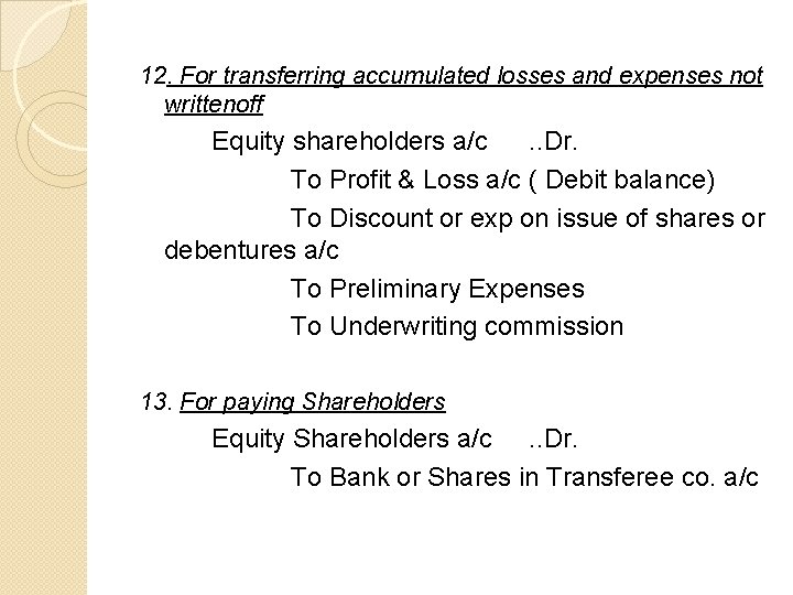 12. For transferring accumulated losses and expenses not writtenoff Equity shareholders a/c. . Dr.