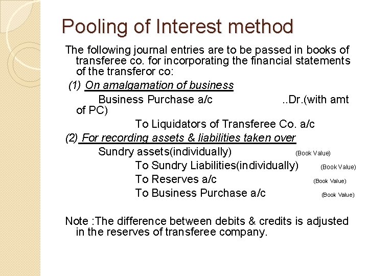 Pooling of Interest method The following journal entries are to be passed in books