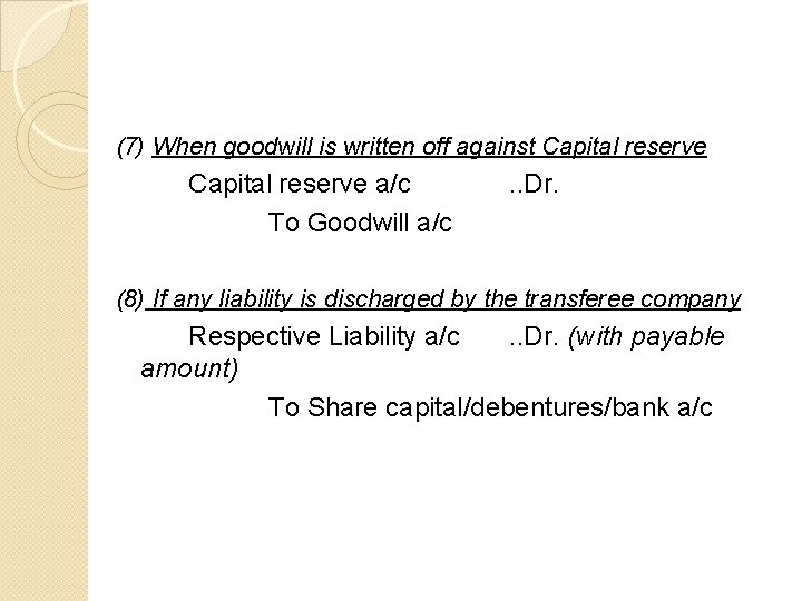 (7) When goodwill is written off against Capital reserve a/c To Goodwill a/c .