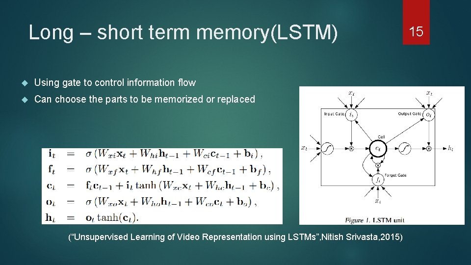 Long – short term memory(LSTM) Using gate to control information flow Can choose the