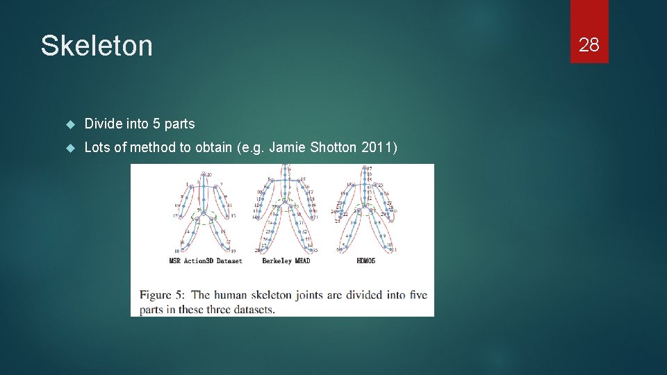 Skeleton Divide into 5 parts Lots of method to obtain (e. g. Jamie Shotton