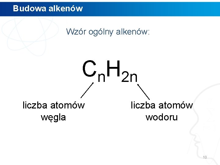 Budowa alkenów Wzór ogólny alkenów: Cn. H 2 n liczba atomów węgla liczba atomów