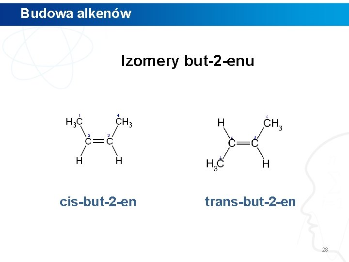 Budowa alkenów Izomery but-2 -enu cis-but-2 -en trans-but-2 -en 28 