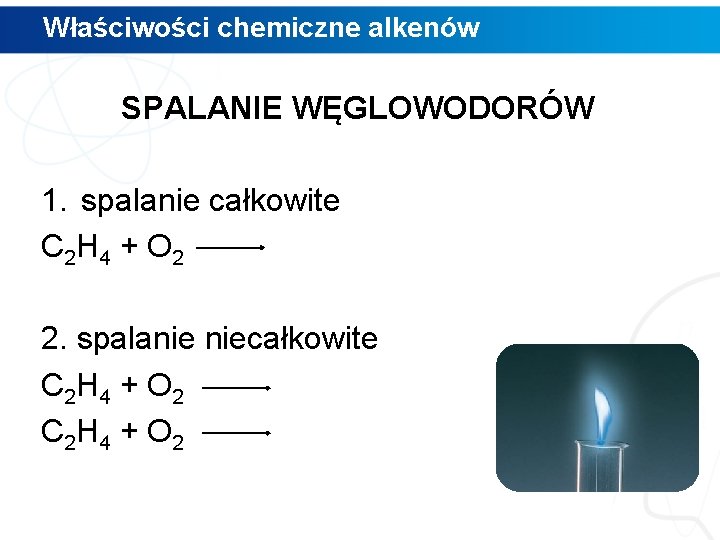Właściwości chemiczne alkenów SPALANIE WĘGLOWODORÓW 1. spalanie całkowite C 2 H 4 + O