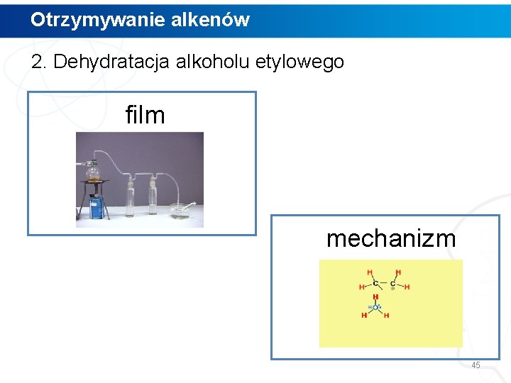 Otrzymywanie alkenów 2. Dehydratacja alkoholu etylowego film mechanizm 45 