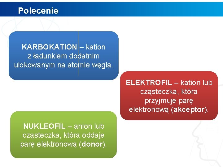 Polecenie KARBOKATION – kation z ładunkiem dodatnim ulokowanym na atomie węgla. ELEKTROFIL – kation