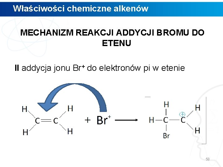 Właściwości chemiczne alkenów MECHANIZM REAKCJI ADDYCJI BROMU DO ETENU II addycja jonu Br+ do