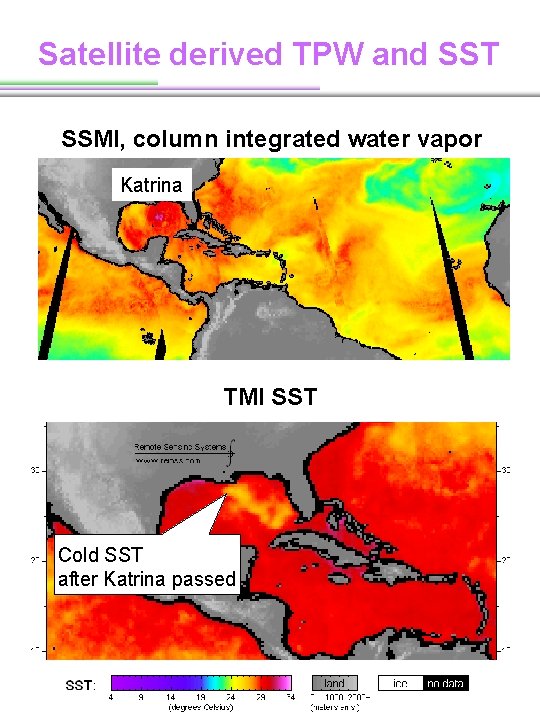 Satellite derived TPW and SST SSMI, column integrated water vapor Katrina TMI SST Cold Satellite derived TPW and SST SSMI, column integrated water vapor Katrina TMI SST Cold
