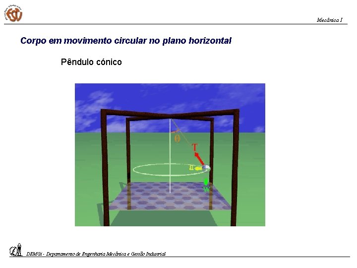 Mecânica I Corpo em movimento circular no plano horizontal Pêndulo cónico DEMGi - Departamento