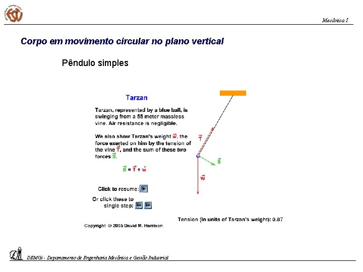 Mecânica I Corpo em movimento circular no plano vertical Pêndulo simples DEMGi - Departamento