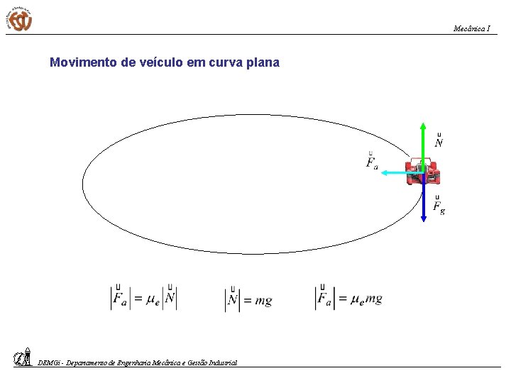 Mecânica I Movimento de veículo em curva plana DEMGi - Departamento de Engenharia Mecânica