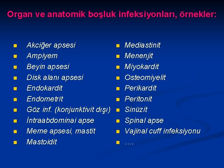 Organ ve anatomik boşluk infeksiyonları, örnekler: n n n n n Akciğer apsesi Ampiyem