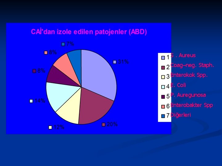 S. Aureus Coag–neg. Staph. Enterokok Spp. E. Coli P. Auregunosa Enterobakter Spp Diğerleri 