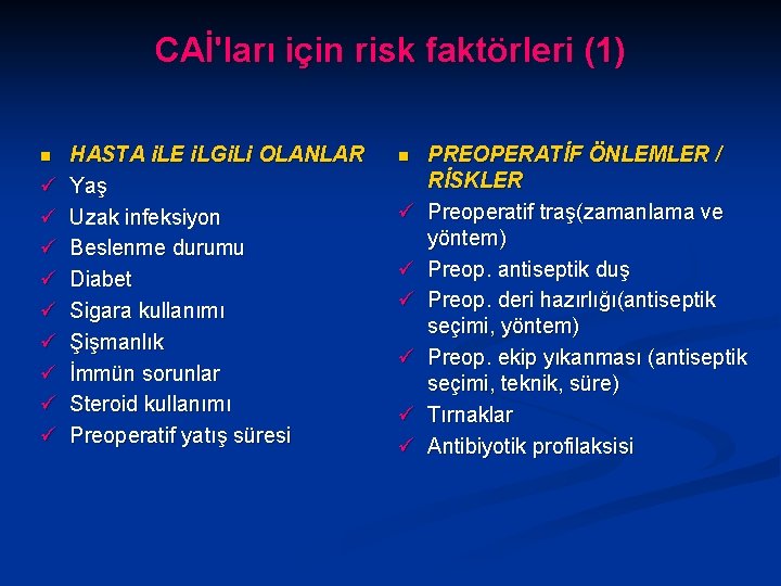 CAİ'ları için risk faktörleri (1) n ü ü ü ü ü HASTA i. LE