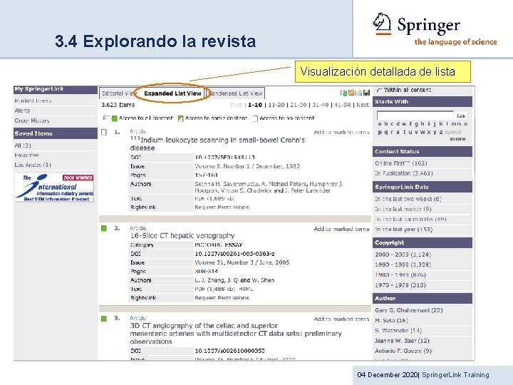 3. 4 Explorando la revista Visualización detallada de lista 04 December 2020| Springer. Link