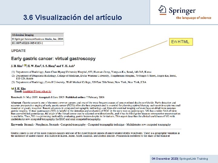 3. 6 Visualización del artículo En HTML 04 December 2020| Springer. Link Training 