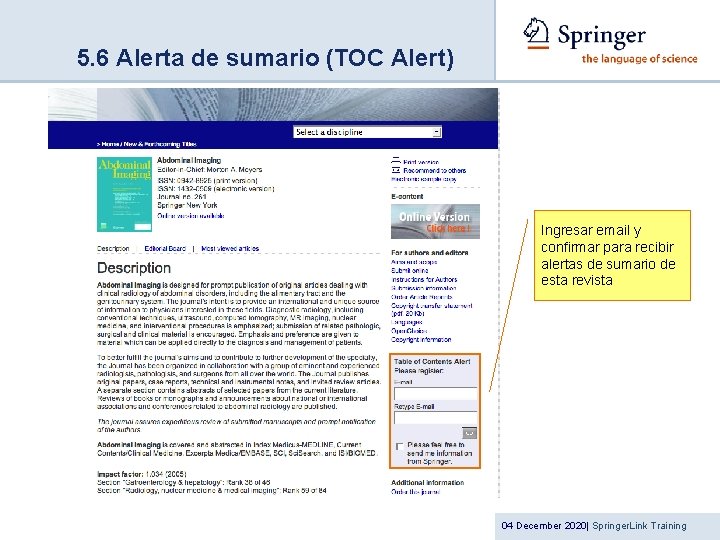 5. 6 Alerta de sumario (TOC Alert) Ingresar email y confirmar para recibir alertas