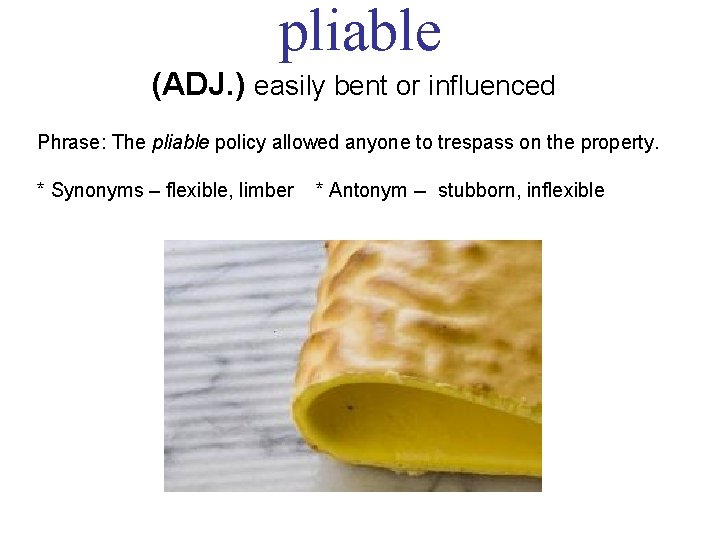 pliable (ADJ. ) easily bent or influenced Phrase: The pliable policy allowed anyone to