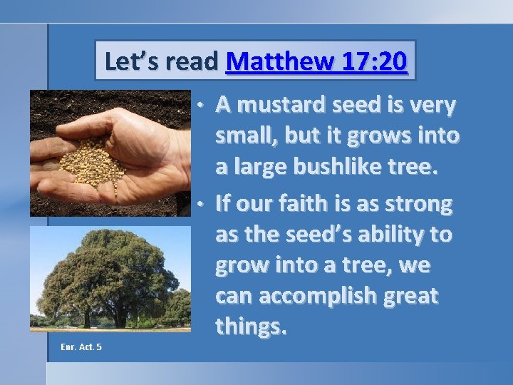 Let’s read Matthew 17: 20 A mustard seed is very small, but it grows Let’s read Matthew 17: 20 A mustard seed is very small, but it grows