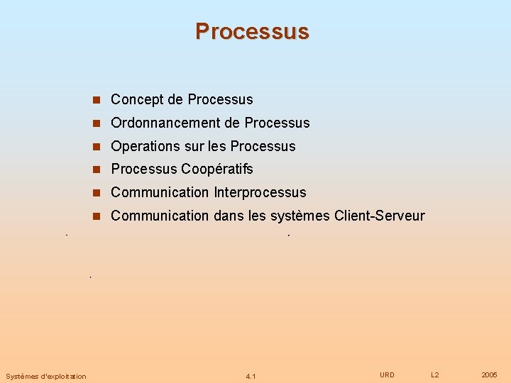 Processus Concept de Processus Ordonnancement de Processus Operations sur les Processus Coopératifs Communication Interprocessus