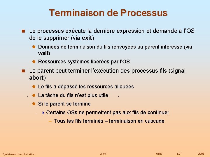 Terminaison de Processus Le processus exécute la dernière expression et demande à l’OS de
