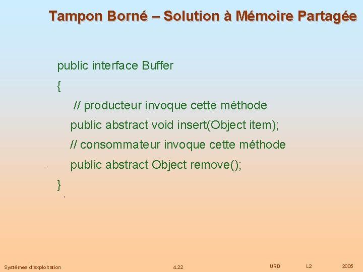 Tampon Borné – Solution à Mémoire Partagée public interface Buffer { // producteur invoque