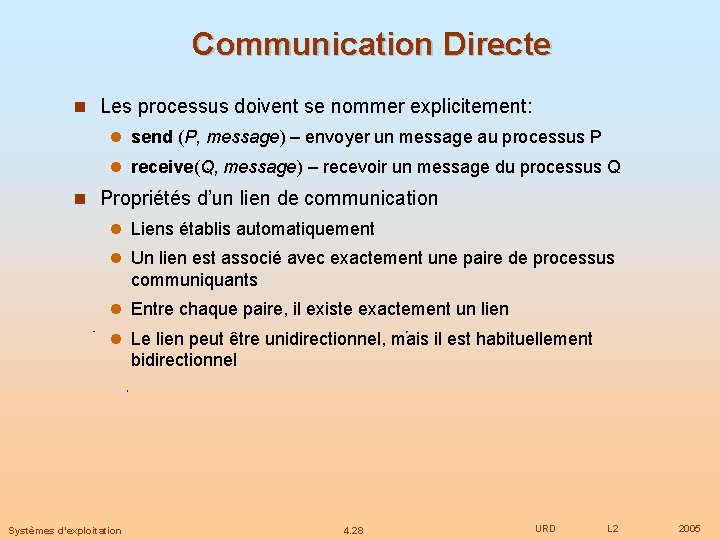 Communication Directe Les processus doivent se nommer explicitement: send (P, message) – envoyer un