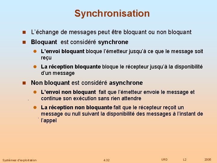 Synchronisation L’échange de messages peut être bloquant ou non bloquant Bloquant est considéré synchrone