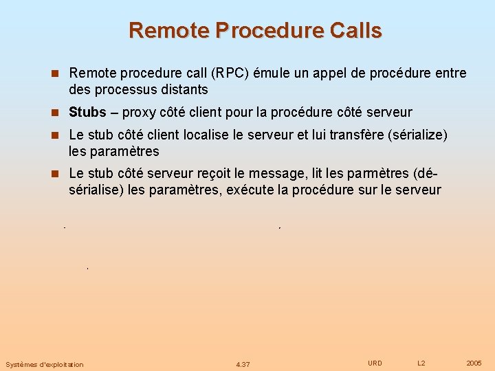 Remote Procedure Calls Remote procedure call (RPC) émule un appel de procédure entre des