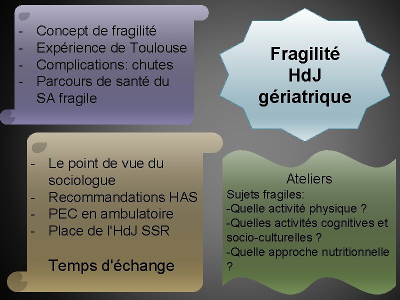 - Concept de fragilité Expérience de Toulouse Complications: chutes Parcours de santé du SA