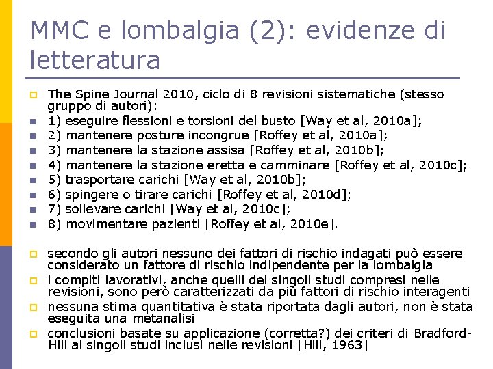 MMC e lombalgia (2): evidenze di letteratura p n n n n p p