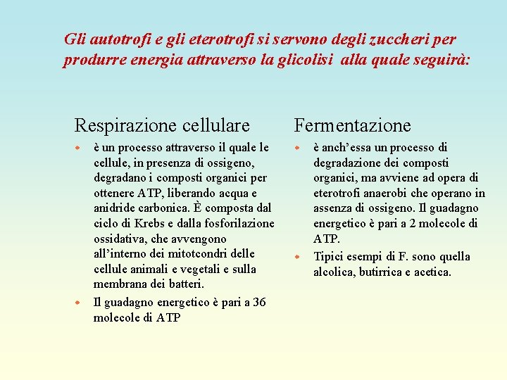 Gli autotrofi e gli eterotrofi si servono degli zuccheri per produrre energia attraverso la