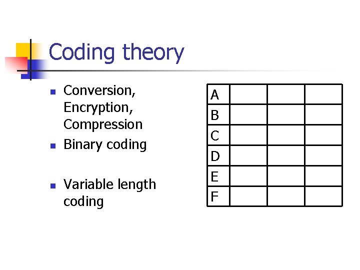 Coding theory n n n Conversion, Encryption, Compression Binary coding Variable length coding A