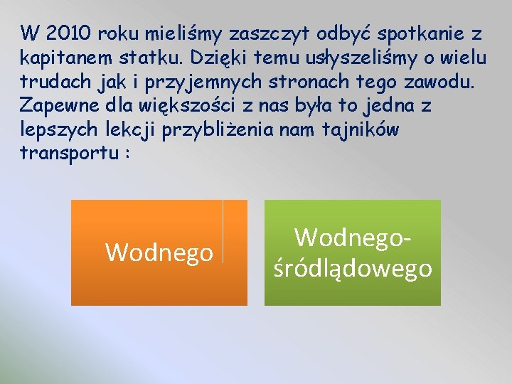 W 2010 roku mieliśmy zaszczyt odbyć spotkanie z kapitanem statku. Dzięki temu usłyszeliśmy o W 2010 roku mieliśmy zaszczyt odbyć spotkanie z kapitanem statku. Dzięki temu usłyszeliśmy o