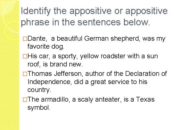 Identify the appositive or appositive phrase in the sentences below. �Dante, a beautiful German